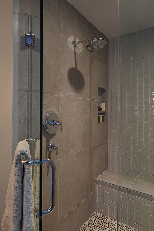 Cole Valley, Cole St., San Francisco Interior Design, Interior Architecture, contemporary bathroom, modern shower, large Master Bathroom shower, subway tile, glass shower door,  white cabinetry, 3 lihgts, mirror wall, make-up mirror, spa feel, spa like, g