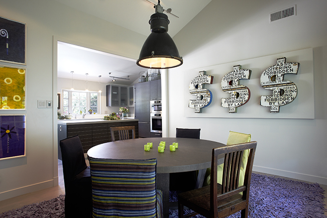 Contemporary dining room, Coup d'Etat lighting, industrial lighting, bright color accent, purple accent, modern interior design, modern t-shirt rug, striped dining chairs, mixed dining chairs, fun art
