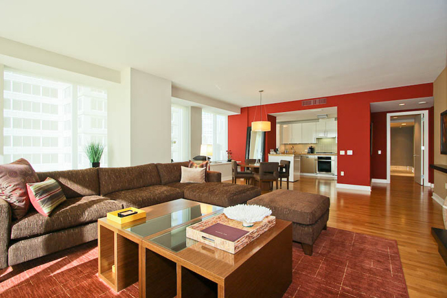 red accent wall, accent wall, interior design, san francisco interior design, high-rise, custom furniture, 