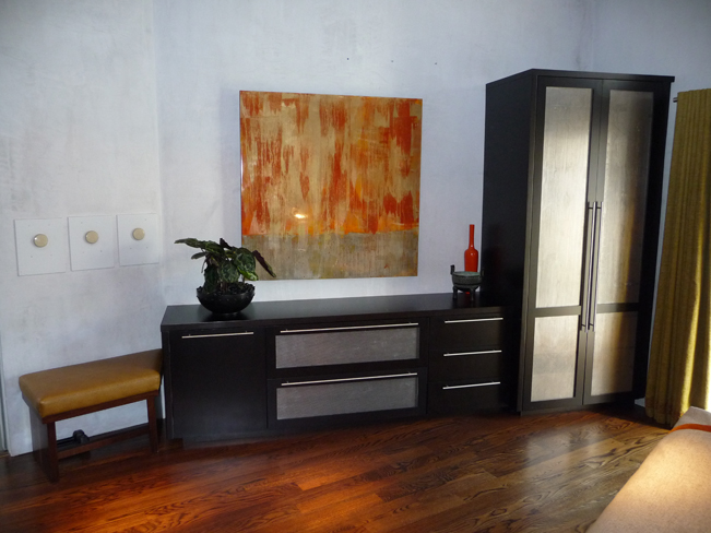 Custom furniture, contemporary bedroom, contemporary wardrobe, modern materials, San Francisco Loft, San Francisco Interior Design, Wood floor, wood cabinetry, custom dresser