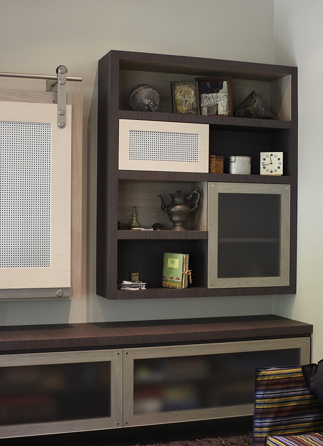 Custom Built in, built-in, contemporary living room, modern materials, oberflex, metal mesh,