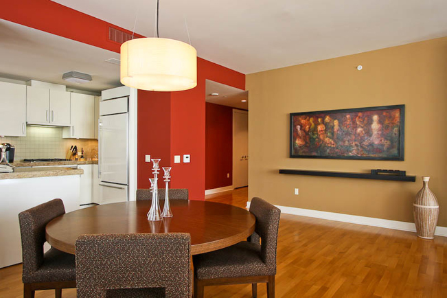 Red accent wall, floating shelf, custom interior design, high end interior design, san franscio, high-rise