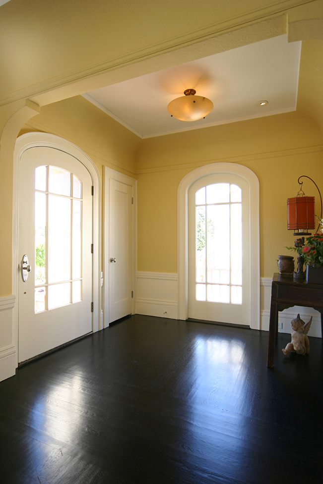 French Doors, Contemporary Entry, bright color accent, yellow accent, modern interior design, Dark hardwood floors, entry console