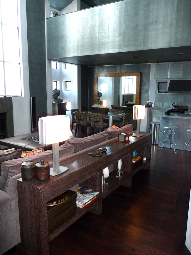 Custom furniture, contemporary living room, modern materials, San Francisco Loft, San Francisco Interior Design, Wood floor, wood cabinetry, custom sofa table, metal walls 
