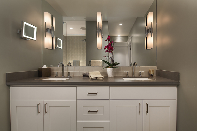 Cole Valley, Cole St., San Francisco Interior Design, Interior Architecture, contemporary kitchen, Master Bathroom, white cabinetry, 3 lihgts, mirror wall, make-up mirror, spa feel, spa like, grey counter top, caesarstone, quartz