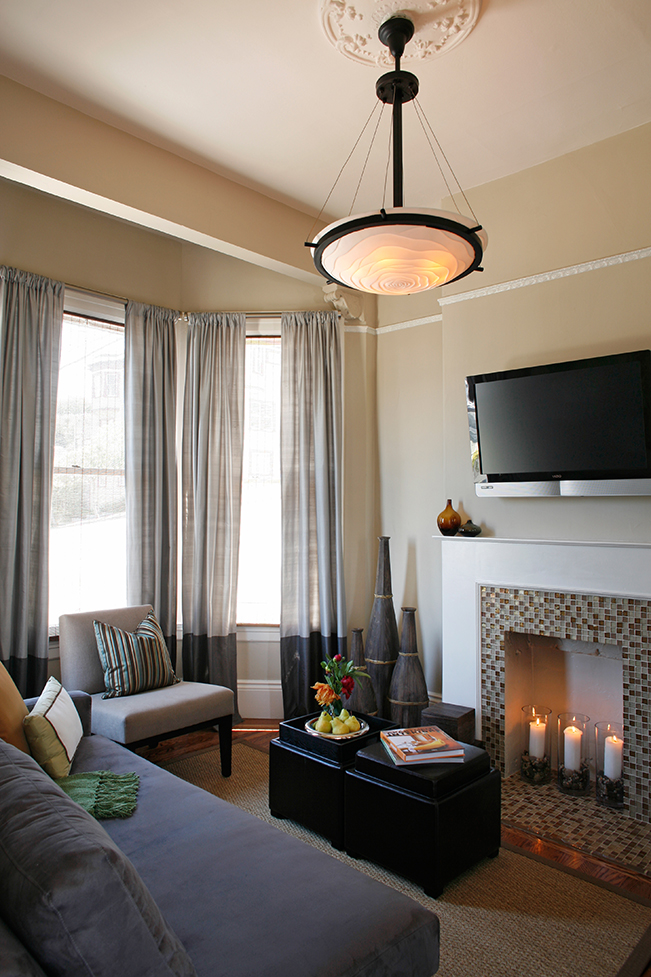 Living Room, Entry, fire place, modern, grey, gray, glass tile, candles, contemporary, san francsico interior design, coffee table, light fixture, side chairs, bay window