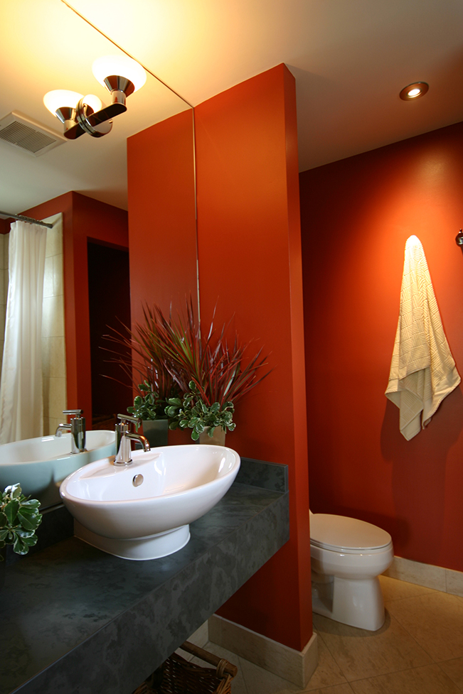 Contemporary bathroom, red accent wall, modern interior design, modern art, custom furniture, San Francisco Interior Design, red powder room, vessel sink, concrete counter