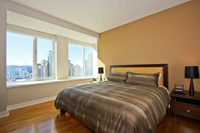 Master Bedroom, St. Regis, Highrise, san francisco, high end interior design, custom interior furniture, custom furniture, red wall, accent wall, beige wall, city view