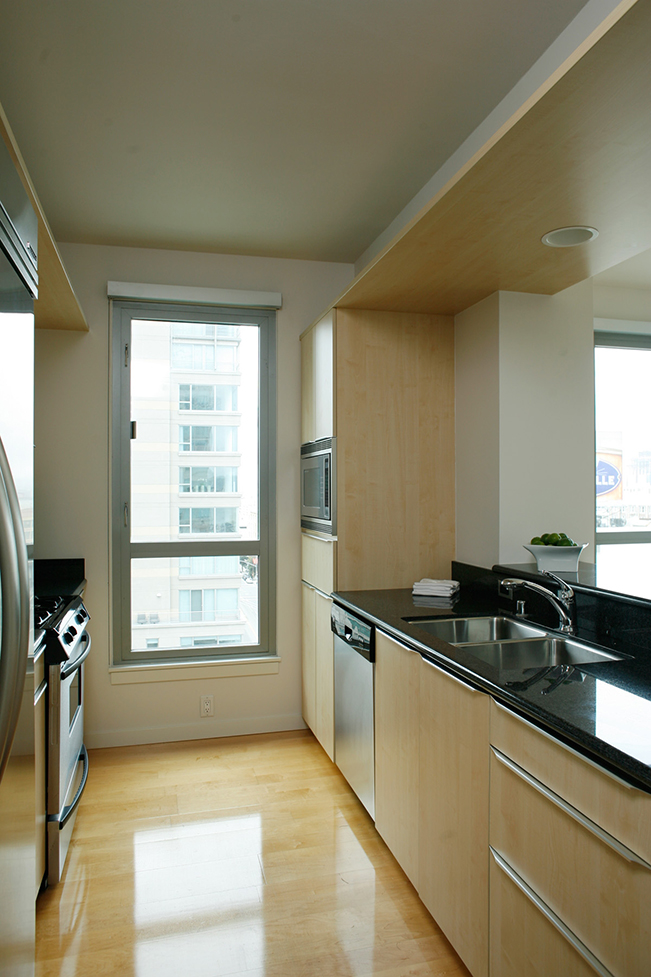 Brannan Street, San Francisco, kitchen, red accent, art, living room, window view Interior Design, Highrise, high-rise, High Rise, loft, open living