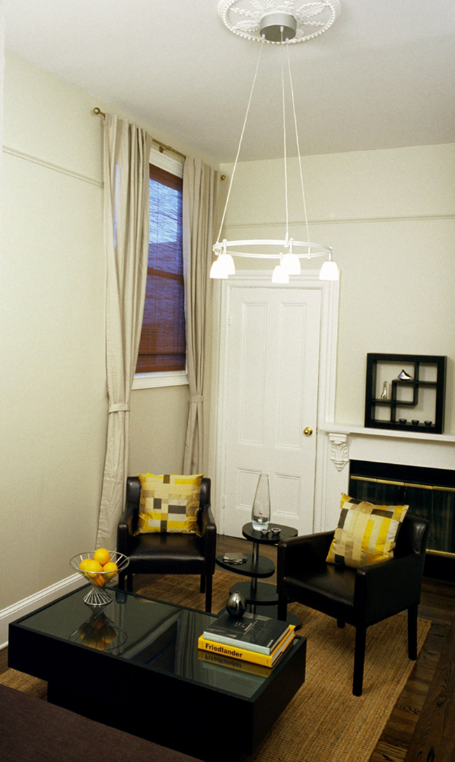 Living Room, Entry, yellow accent, san francsico interior design, coffee table, light fixture, side chairs