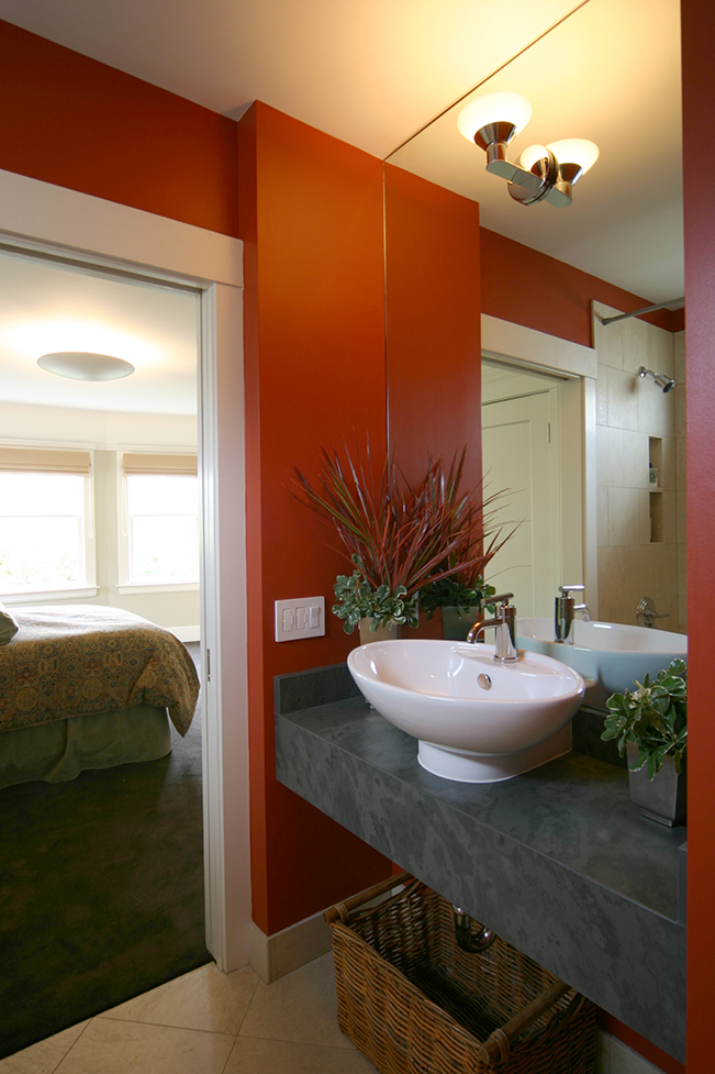 Contemporary bathroom, red accent wall, modern interior design, modern art, custom furniture, San Francisco Interior Design, red powder room, vessel sink, concrete counter