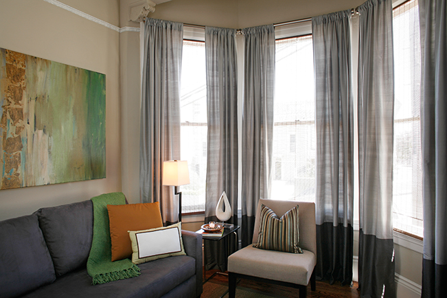 Living Room, modern, grey, gray, contemporary, san francsico interior design, coffee table, light fixture, side chairs, bay window, art, orange accent