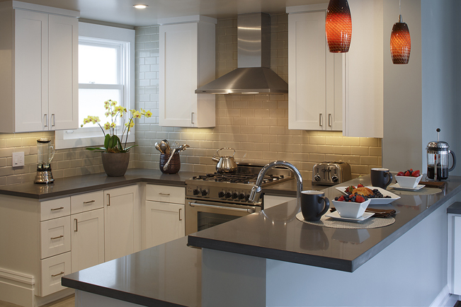 Cole Valley, Cole St., San Francisco Interior Design, Interior Architecture, contemporary kitchen, city kitchen, peninsula, breakfast bar, white cabinets, grey counter top, caesarstone, quartz
