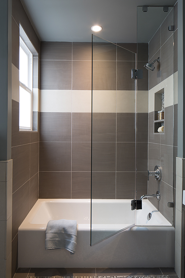 Cole Valley, Cole St., San Francisco Interior Design, Interior Architecture, contemporary bathroom, Guest bathroom, modern vanity, contemporary vanity, powder room, mosaic tile pattern, glass shower door, Bathtub