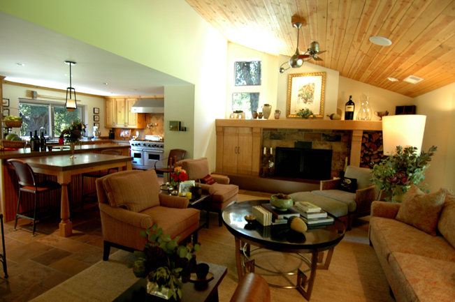 Great room, living room, fireplace, sloped ceiling, wood ceiling, wood panels, ceiling fan, Sonoma, Kitchen, Contemporary Interior Design, Remodel, Kitchen, Interior design, High end